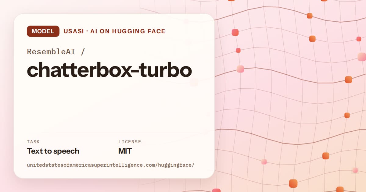 Generated tangerine wave-lattice artwork for the model ResembleAI/chatterbox-turbo, labeled USASI · AI on Hugging Face, with Task: Text to speech · License: MIT.