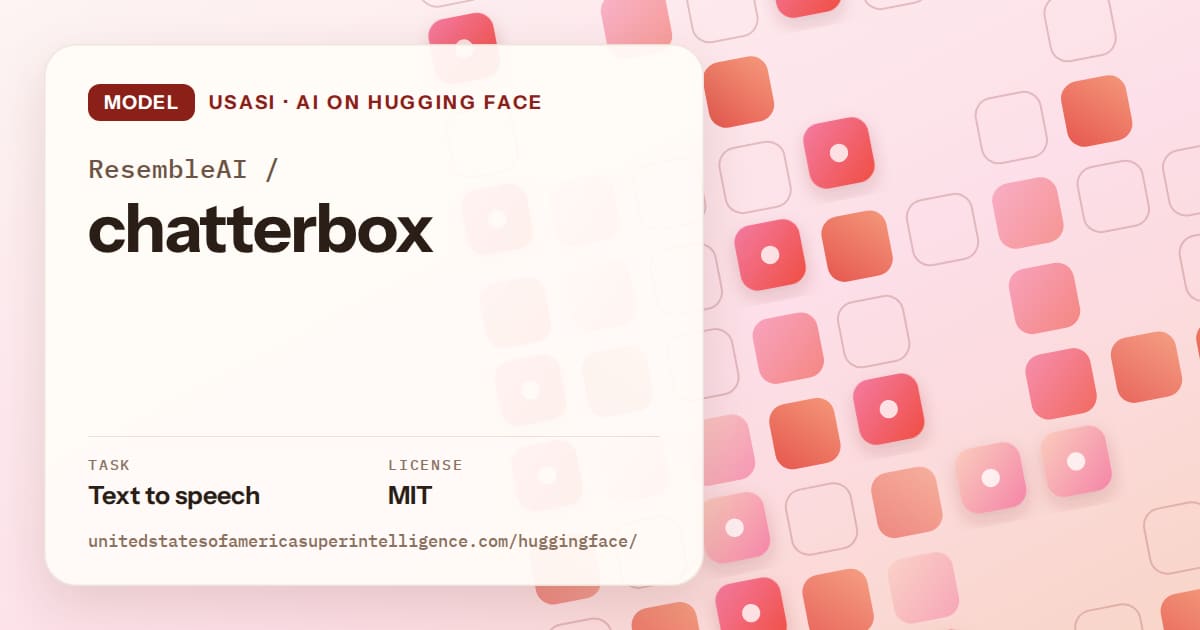 Generated coral rounded-tile grid artwork for the model ResembleAI/chatterbox, labeled USASI · AI on Hugging Face, with Task: Text to speech · License: MIT.