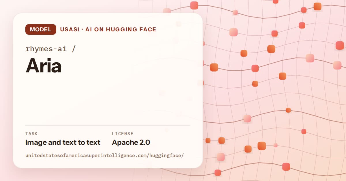 Generated tangerine wave-lattice artwork for the model rhymes-ai/Aria, labeled USASI · AI on Hugging Face, with Task: Image and text to text · License: Apache 2.0.