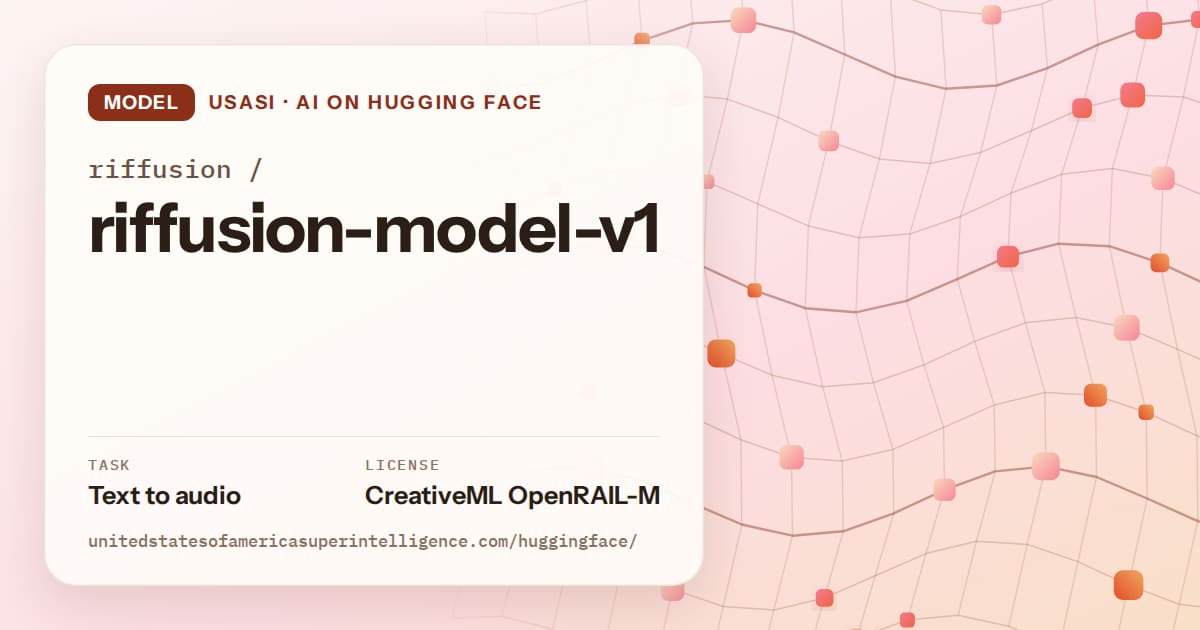 Generated tangerine wave-lattice artwork for the model riffusion/riffusion-model-v1, labeled USASI · AI on Hugging Face, with Task: Text to audio · License: CreativeML OpenRAIL-M.