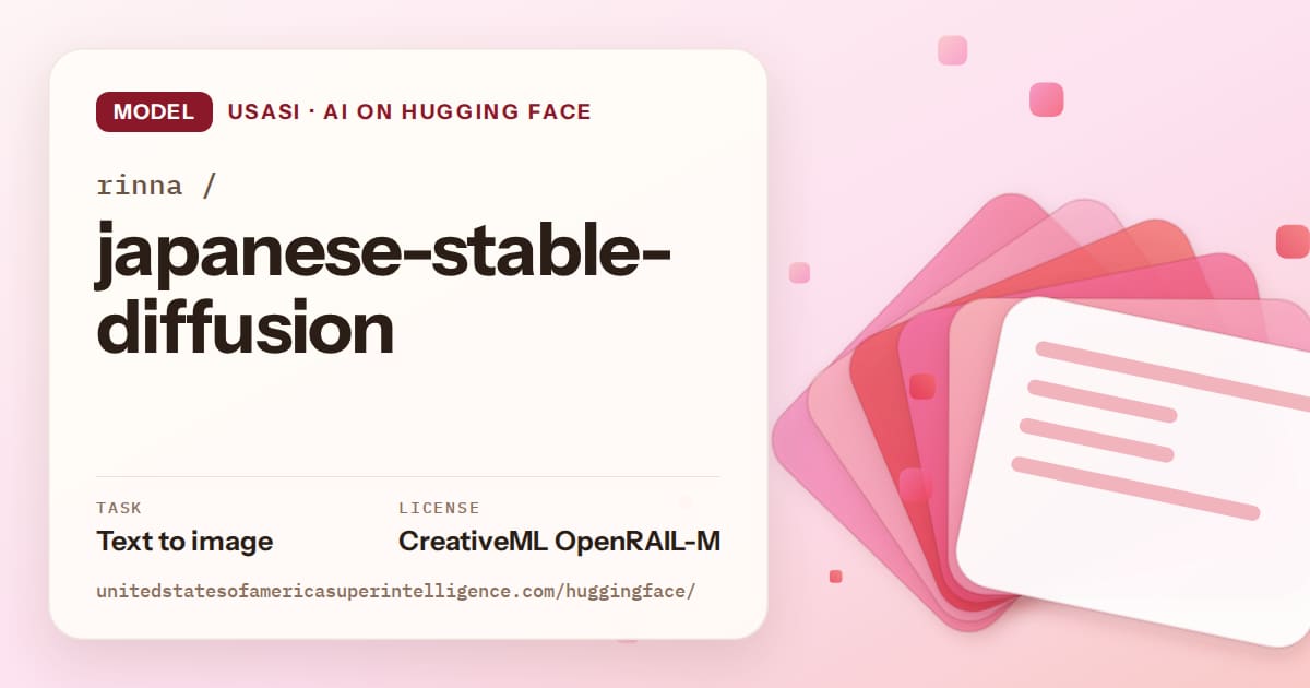 Generated coral layered-card artwork for the model rinna/japanese-stable-diffusion, labeled USASI · AI on Hugging Face, with Task: Text to image · License: CreativeML OpenRAIL-M.
