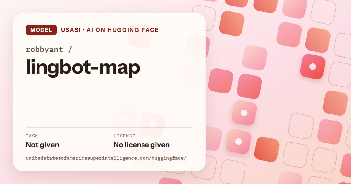 Generated coral rounded-tile grid artwork for the model robbyant/lingbot-map, labeled USASI · AI on Hugging Face, with Task: Not given · License: No license given.