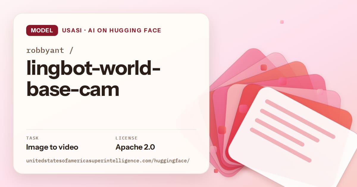 Generated coral layered-card artwork for the model robbyant/lingbot-world-base-cam, labeled USASI · AI on Hugging Face, with Task: Image to video · License: Apache 2.0.