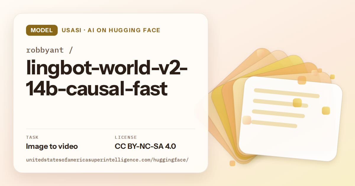 Generated amber layered-card artwork for the model robbyant/lingbot-world-v2-14b-causal-fast, labeled USASI · AI on Hugging Face, with Task: Image to video · License: CC BY-NC-SA 4.0.