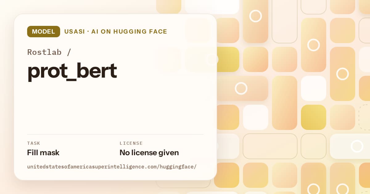 Generated gold tile-mosaic artwork for the model Rostlab/prot_bert, labeled USASI · AI on Hugging Face, with Task: Fill mask · License: No license given.