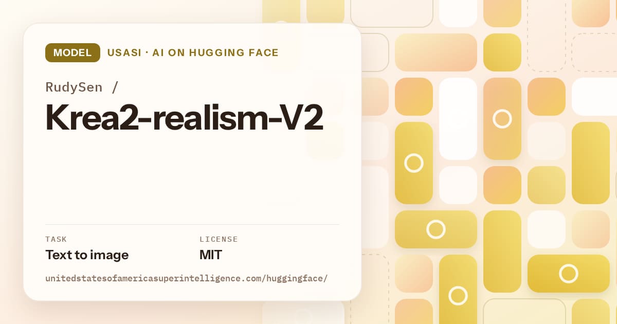 Generated gold tile-mosaic artwork for the model RudySen/Krea2-realism-V2, labeled USASI · AI on Hugging Face, with Task: Text to image · License: MIT.