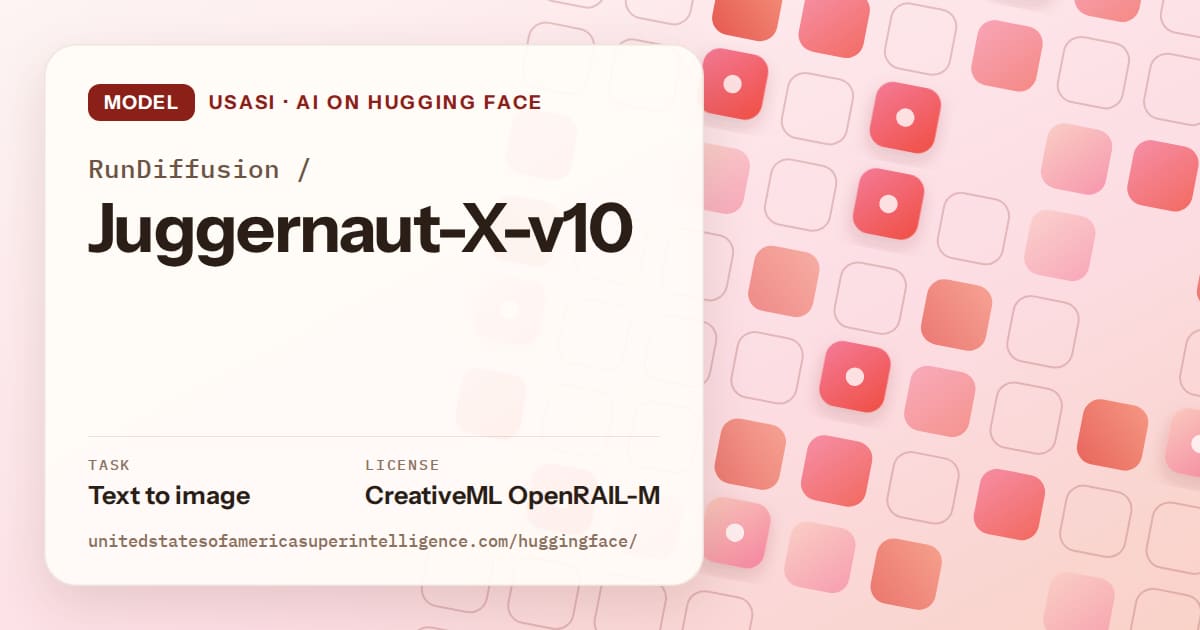 Generated coral rounded-tile grid artwork for the model RunDiffusion/Juggernaut-X-v10, labeled USASI · AI on Hugging Face, with Task: Text to image · License: CreativeML OpenRAIL-M.
