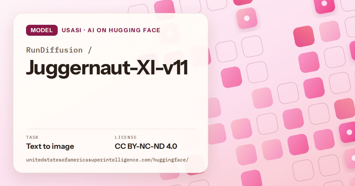 Generated rose rounded-tile grid artwork for the model RunDiffusion/Juggernaut-XI-v11, labeled USASI · AI on Hugging Face, with Task: Text to image · License: CC BY-NC-ND 4.0.