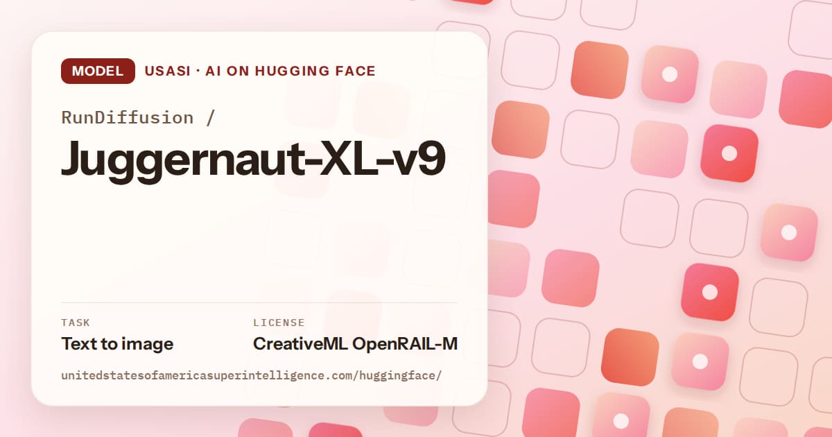 Generated coral rounded-tile grid artwork for the model RunDiffusion/Juggernaut-XL-v9, labeled USASI · AI on Hugging Face, with Task: Text to image · License: CreativeML OpenRAIL-M.