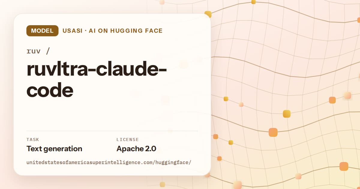 Generated amber wave-lattice artwork for the model ruv/ruvltra-claude-code, labeled USASI · AI on Hugging Face, with Task: Text generation · License: Apache 2.0.