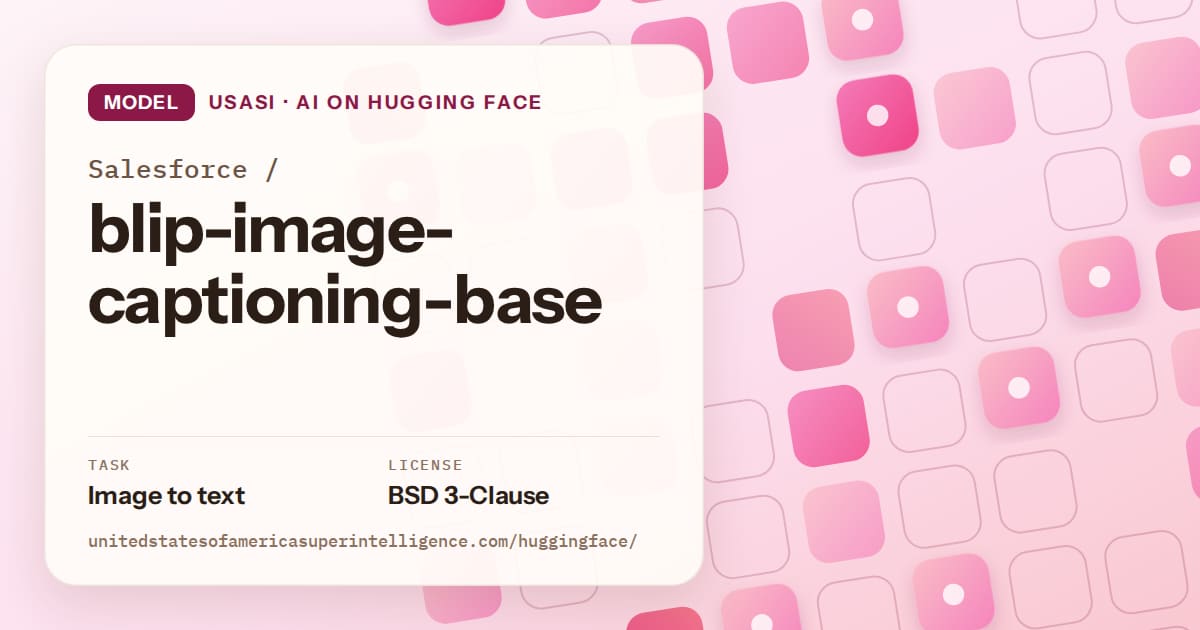 Generated rose rounded-tile grid artwork for the model Salesforce/blip-image-captioning-base, labeled USASI · AI on Hugging Face, with Task: Image to text · License: BSD 3-Clause.