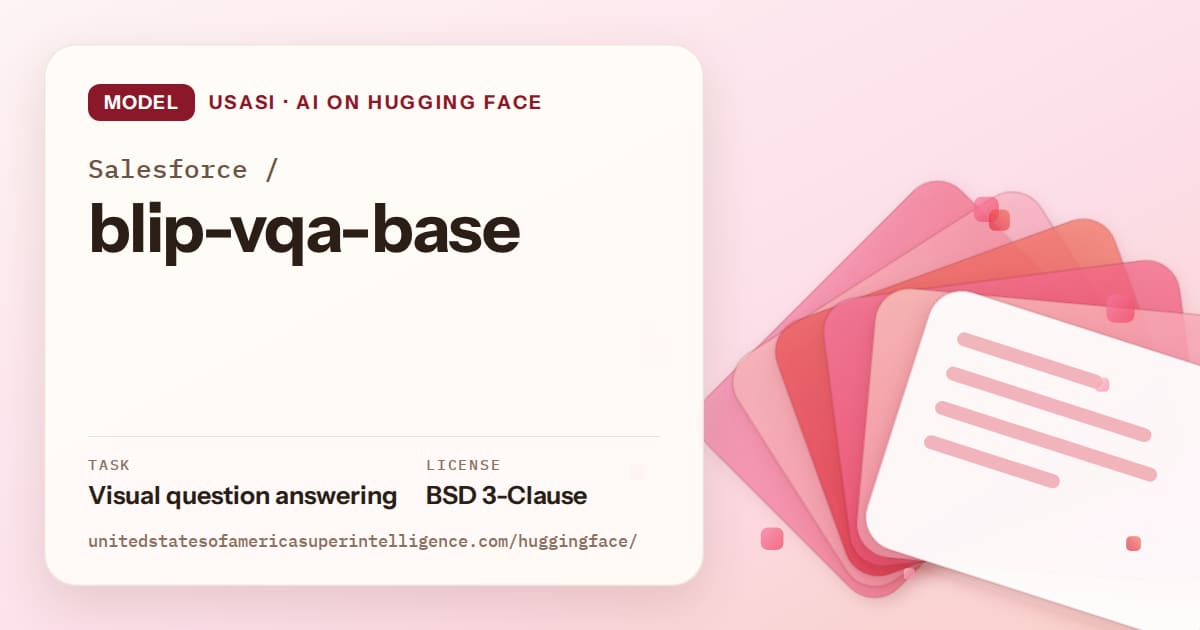 Generated coral layered-card artwork for the model Salesforce/blip-vqa-base, labeled USASI · AI on Hugging Face, with Task: Visual question answering · License: BSD 3-Clause.