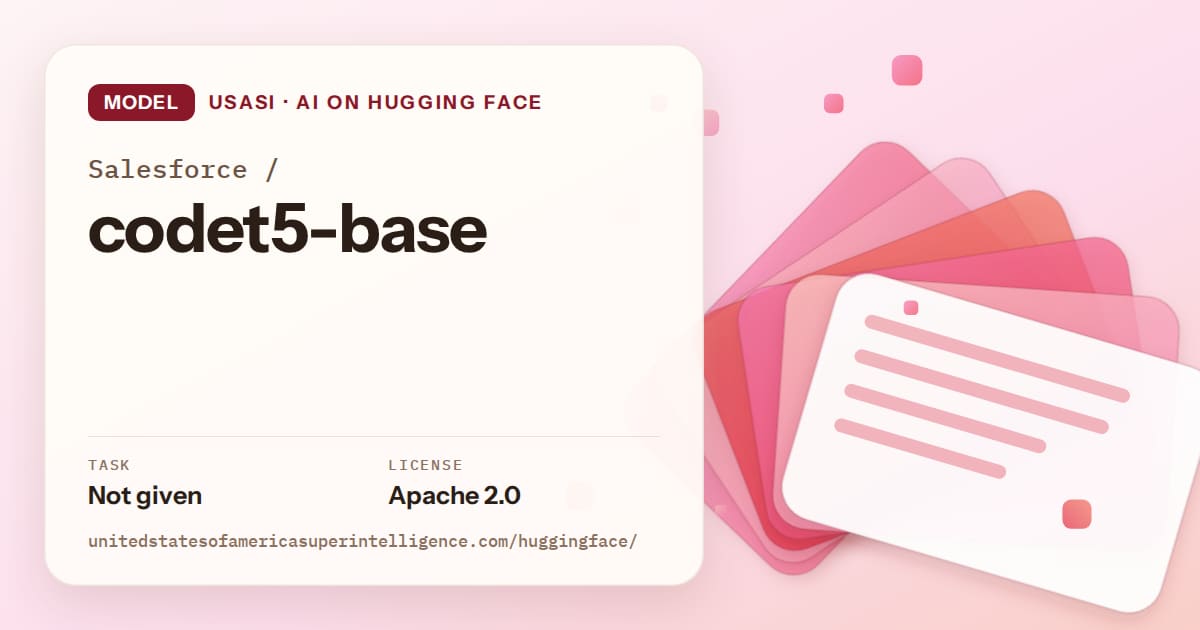 Generated coral layered-card artwork for the model Salesforce/codet5-base, labeled USASI · AI on Hugging Face, with Task: Not given · License: Apache 2.0.