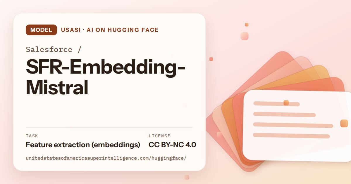 Generated tangerine layered-card artwork for the model Salesforce/SFR-Embedding-Mistral, labeled USASI · AI on Hugging Face, with Task: Feature extraction (embeddings) · License: CC BY-NC 4.0.