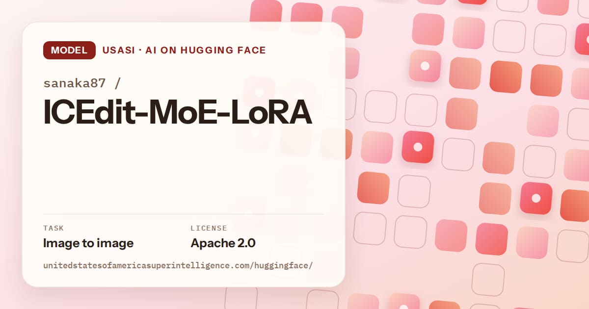 Generated coral rounded-tile grid artwork for the model sanaka87/ICEdit-MoE-LoRA, labeled USASI · AI on Hugging Face, with Task: Image to image · License: Apache 2.0.