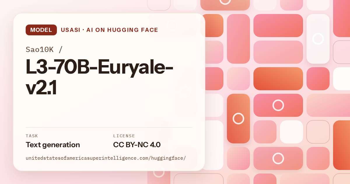 Generated coral tile-mosaic artwork for the model Sao10K/L3-70B-Euryale-v2.1, labeled USASI · AI on Hugging Face, with Task: Text generation · License: CC BY-NC 4.0.