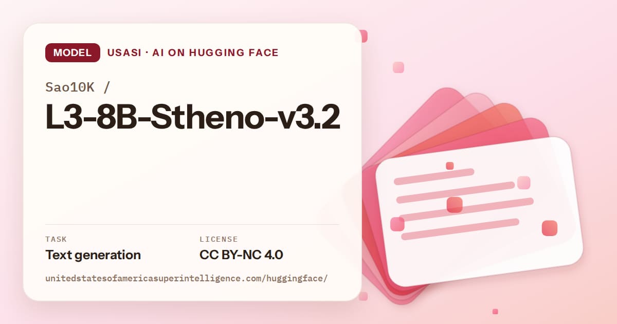 Generated coral layered-card artwork for the model Sao10K/L3-8B-Stheno-v3.2, labeled USASI · AI on Hugging Face, with Task: Text generation · License: CC BY-NC 4.0.