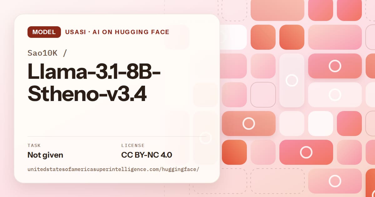 Generated coral tile-mosaic artwork for the model Sao10K/Llama-3.1-8B-Stheno-v3.4, labeled USASI · AI on Hugging Face, with Task: Not given · License: CC BY-NC 4.0.