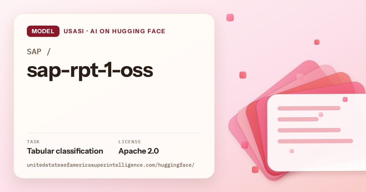 Generated coral layered-card artwork for the model SAP/sap-rpt-1-oss, labeled USASI · AI on Hugging Face, with Task: Tabular classification · License: Apache 2.0.