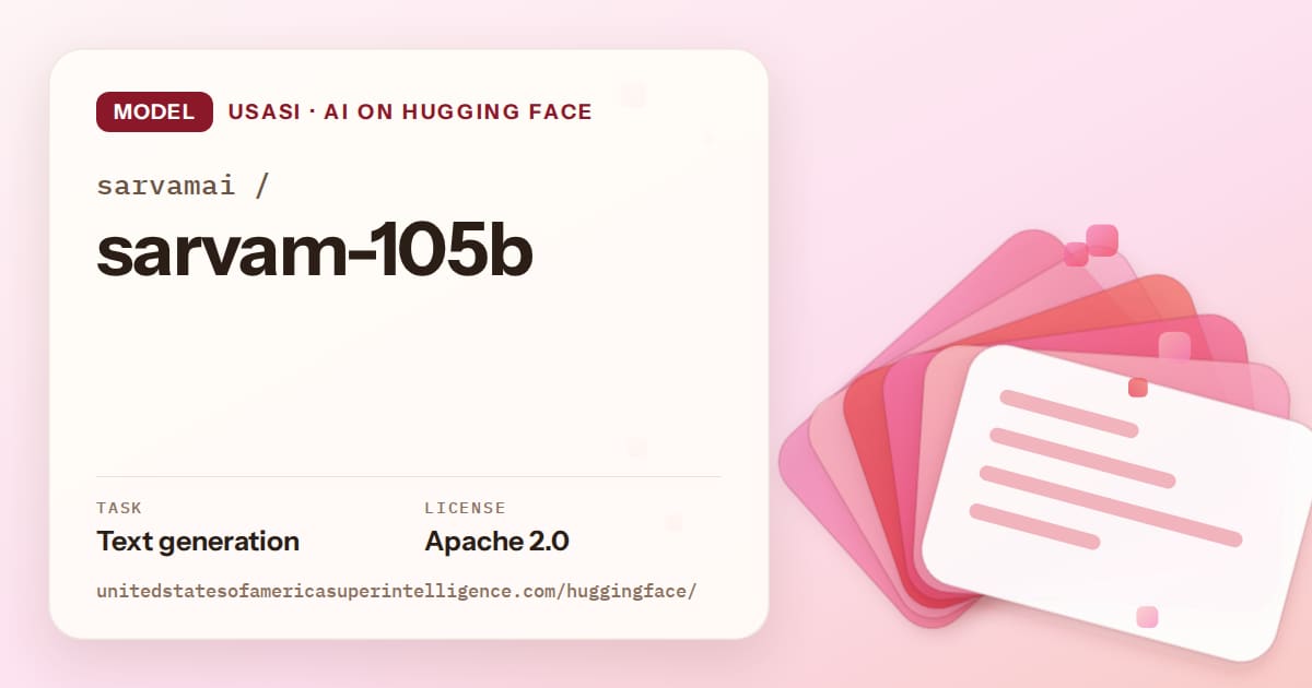 Generated coral layered-card artwork for the model sarvamai/sarvam-105b, labeled USASI · AI on Hugging Face, with Task: Text generation · License: Apache 2.0.