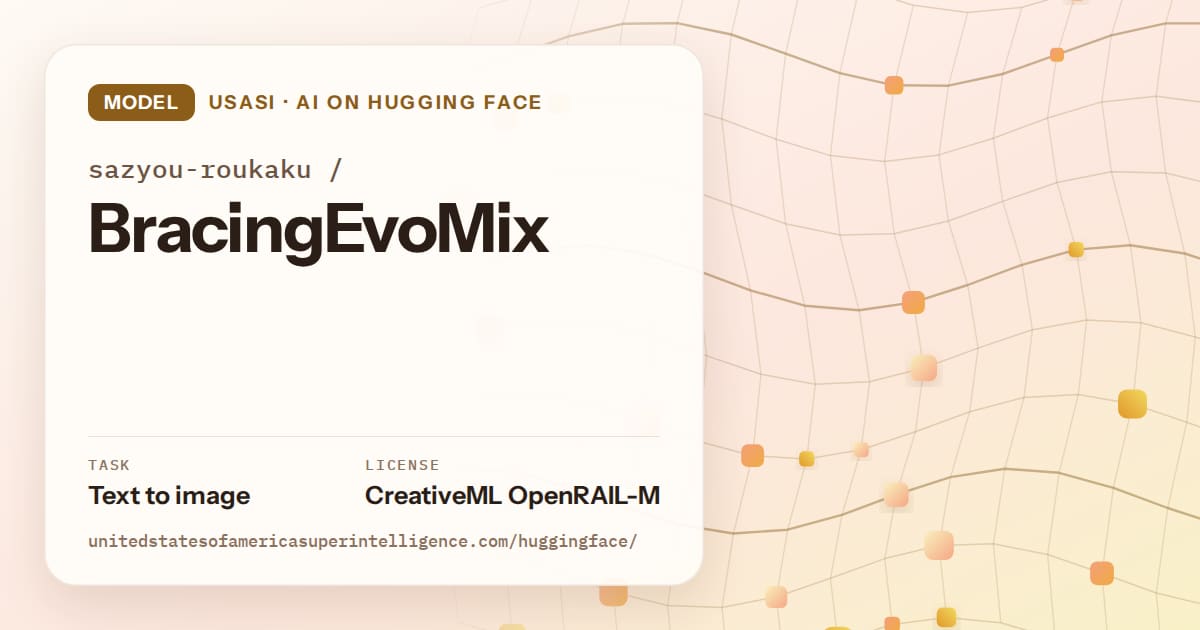 Generated amber wave-lattice artwork for the model sazyou-roukaku/BracingEvoMix, labeled USASI · AI on Hugging Face, with Task: Text to image · License: CreativeML OpenRAIL-M.