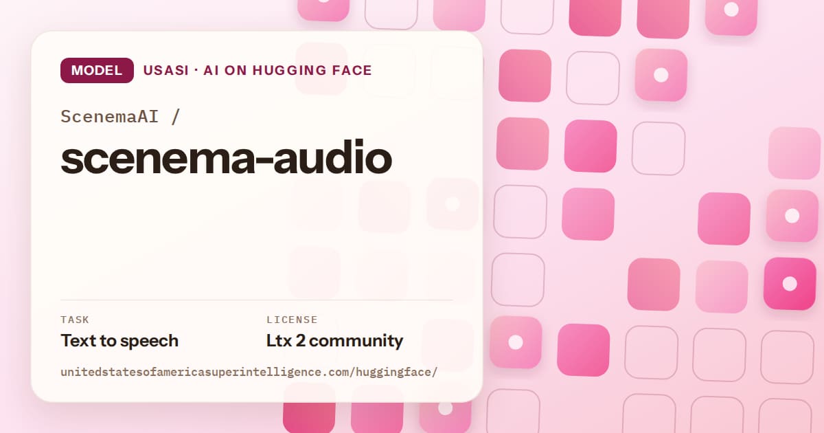 Generated rose rounded-tile grid artwork for the model ScenemaAI/scenema-audio, labeled USASI · AI on Hugging Face, with Task: Text to speech · License: Ltx 2 community.