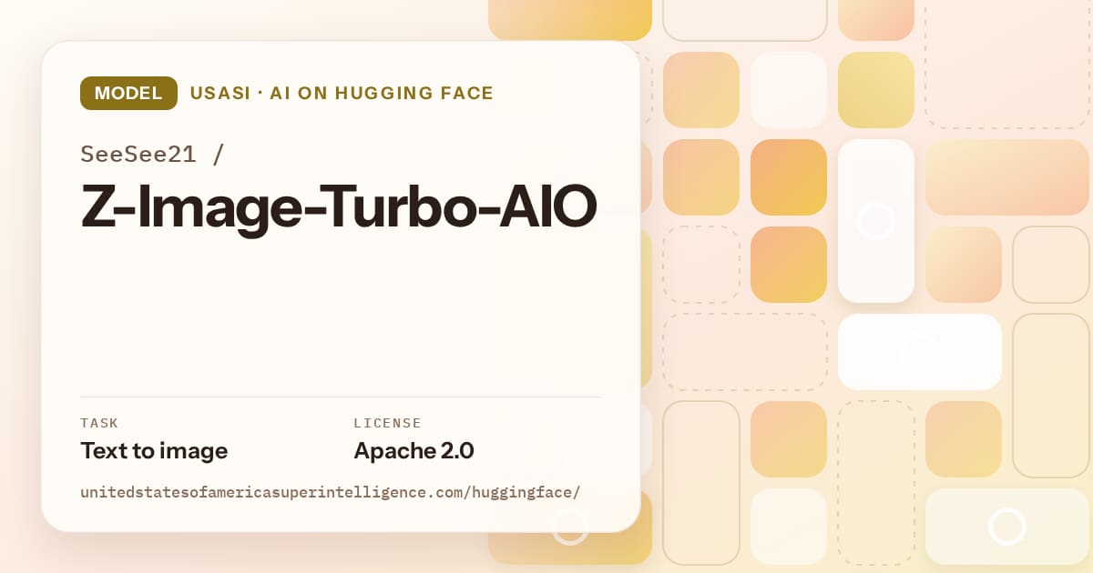 Generated gold tile-mosaic artwork for the model SeeSee21/Z-Image-Turbo-AIO, labeled USASI · AI on Hugging Face, with Task: Text to image · License: Apache 2.0.