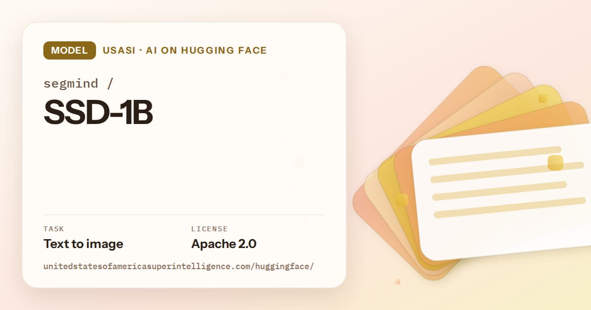 Generated amber layered-card artwork for the model segmind/SSD-1B, labeled USASI · AI on Hugging Face, with Task: Text to image · License: Apache 2.0.