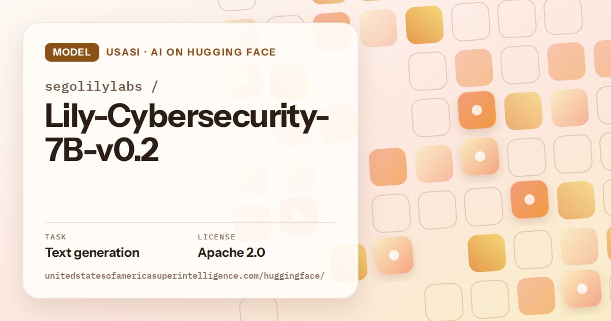 Generated orange rounded-tile grid artwork for the model segolilylabs/Lily-Cybersecurity-7B-v0.2, labeled USASI · AI on Hugging Face, with Task: Text generation · License: Apache 2.0.