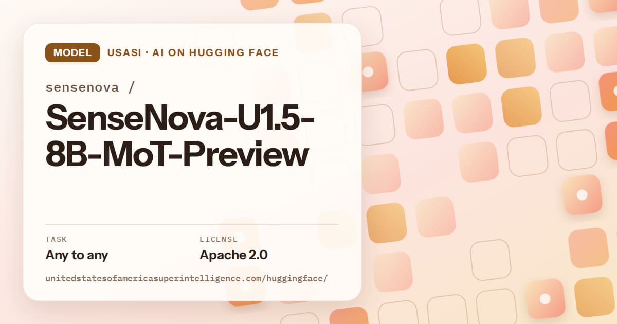 Generated orange rounded-tile grid artwork for the model sensenova/SenseNova-U1.5-8B-MoT-Preview, labeled USASI · AI on Hugging Face, with Task: Any to any · License: Apache 2.0.
