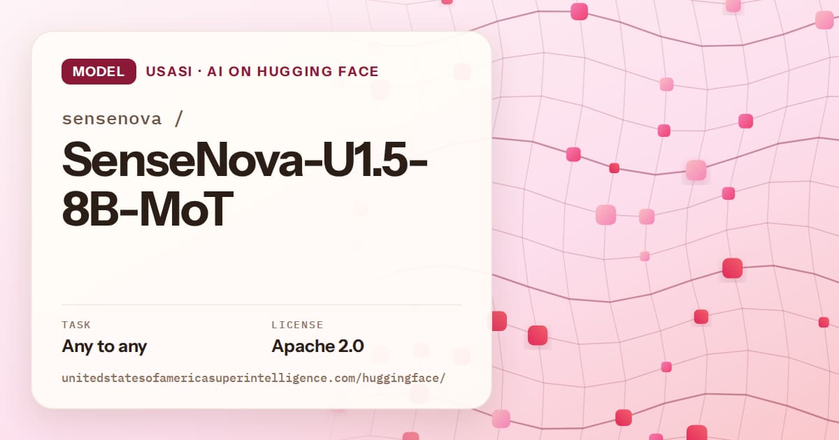 Generated rose wave-lattice artwork for the model sensenova/SenseNova-U1.5-8B-MoT, labeled USASI · AI on Hugging Face, with Task: Any to any · License: Apache 2.0.
