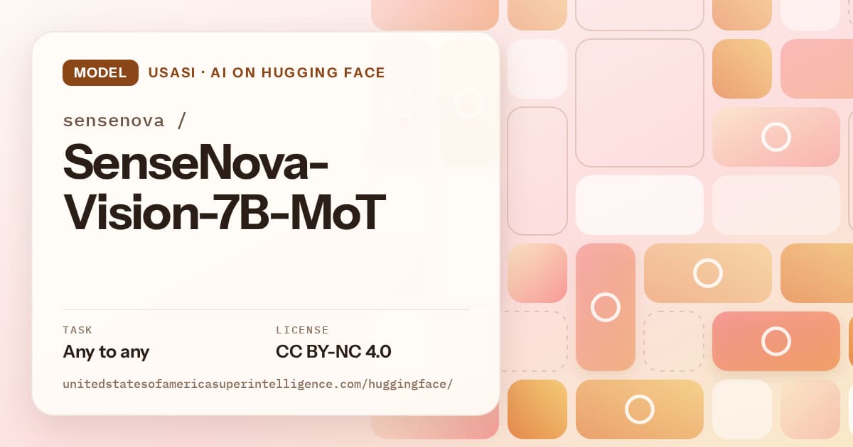 Generated orange tile-mosaic artwork for the model sensenova/SenseNova-Vision-7B-MoT, labeled USASI · AI on Hugging Face, with Task: Any to any · License: CC BY-NC 4.0.