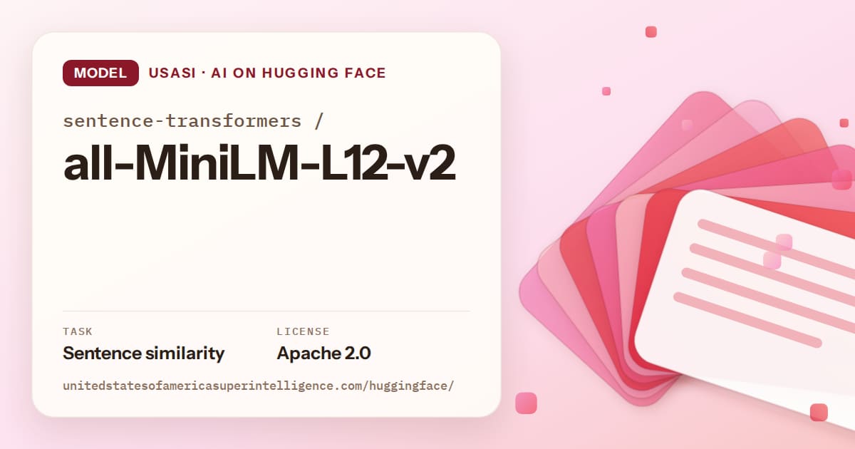 Generated coral layered-card artwork for the model sentence-transformers/all-MiniLM-L12-v2, labeled USASI · AI on Hugging Face, with Task: Sentence similarity · License: Apache 2.0.