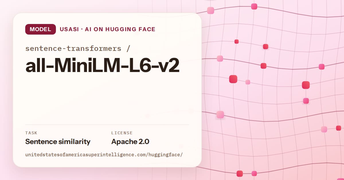 Generated rose wave-lattice artwork for the model sentence-transformers/all-MiniLM-L6-v2, labeled USASI · AI on Hugging Face, with Task: Sentence similarity · License: Apache 2.0.