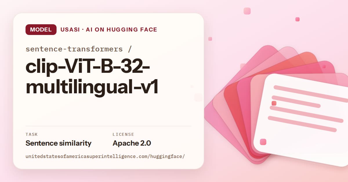 Generated coral layered-card artwork for the model sentence-transformers/clip-ViT-B-32-multilingual-v1, labeled USASI · AI on Hugging Face, with Task: Sentence similarity · License: Apache 2.0.