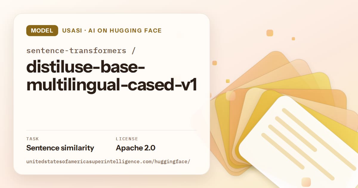 Generated amber layered-card artwork for the model sentence-transformers/distiluse-base-multilingual-cased-v1, labeled USASI · AI on Hugging Face, with Task: Sentence similarity · License: Apache 2.0.