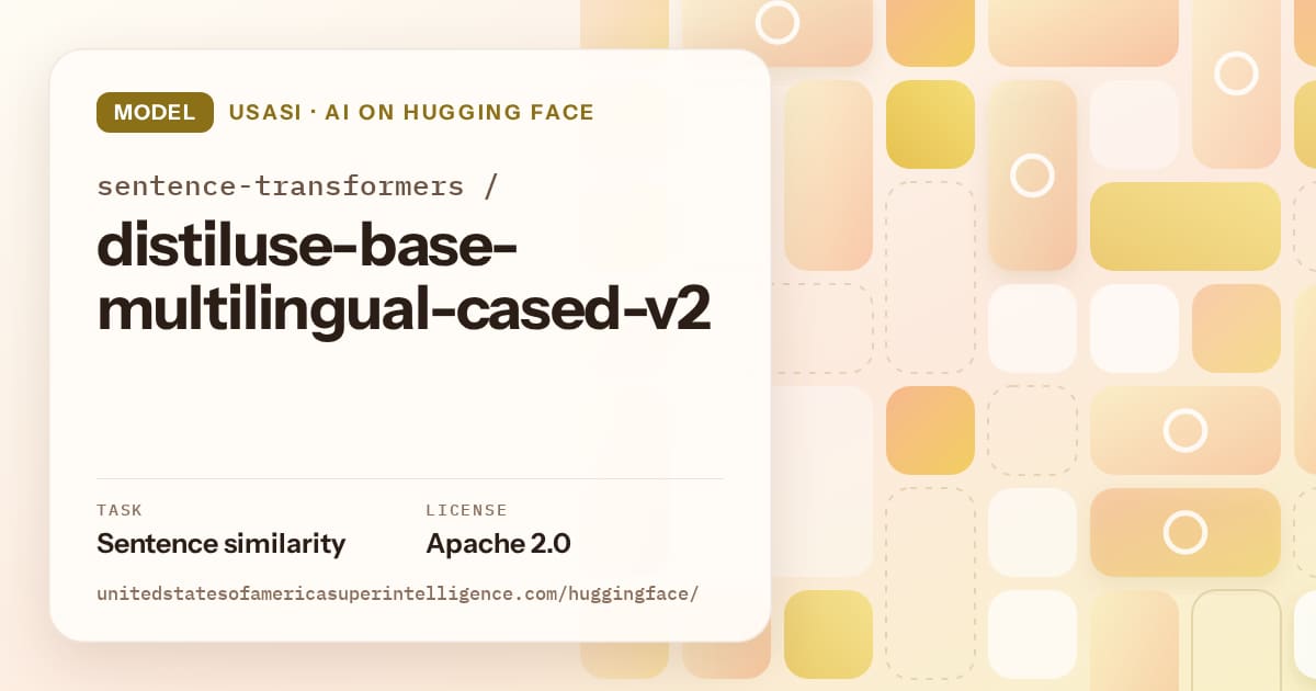Generated gold tile-mosaic artwork for the model sentence-transformers/distiluse-base-multilingual-cased-v2, labeled USASI · AI on Hugging Face, with Task: Sentence similarity · License: Apache 2.0.