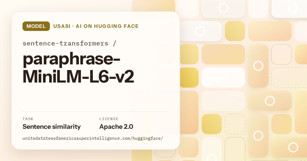 Generated gold tile-mosaic artwork for the model sentence-transformers/paraphrase-MiniLM-L6-v2, labeled USASI · AI on Hugging Face, with Task: Sentence similarity · License: Apache 2.0.