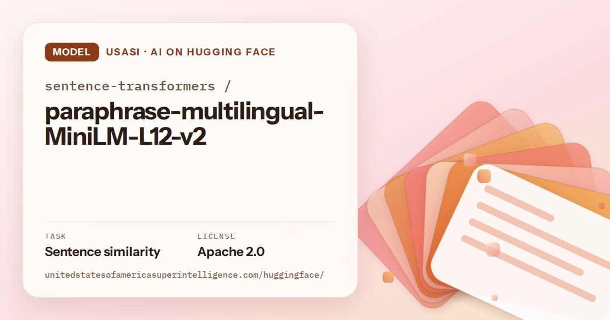 Generated tangerine layered-card artwork for the model sentence-transformers/paraphrase-multilingual-MiniLM-L12-v2, labeled USASI · AI on Hugging Face, with Task: Sentence similarity · License: Apache 2.0.