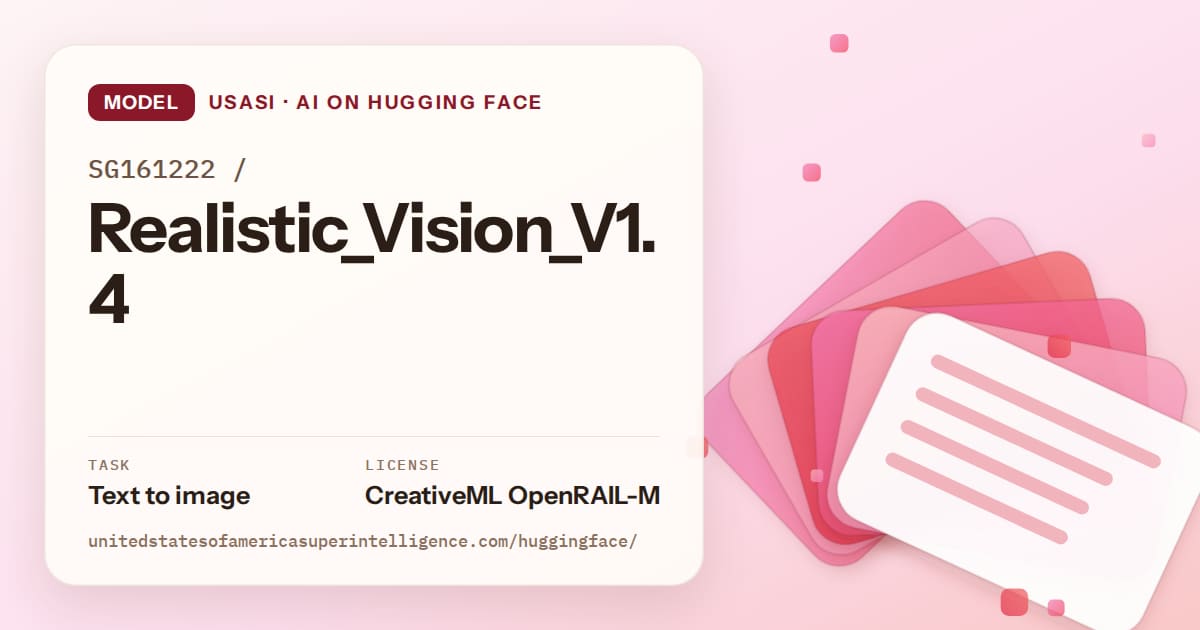 Generated coral layered-card artwork for the model SG161222/Realistic_Vision_V1.4, labeled USASI · AI on Hugging Face, with Task: Text to image · License: CreativeML OpenRAIL-M.