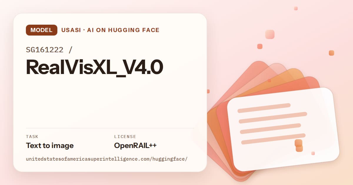 Generated tangerine layered-card artwork for the model SG161222/RealVisXL_V4.0, labeled USASI · AI on Hugging Face, with Task: Text to image · License: OpenRAIL++.