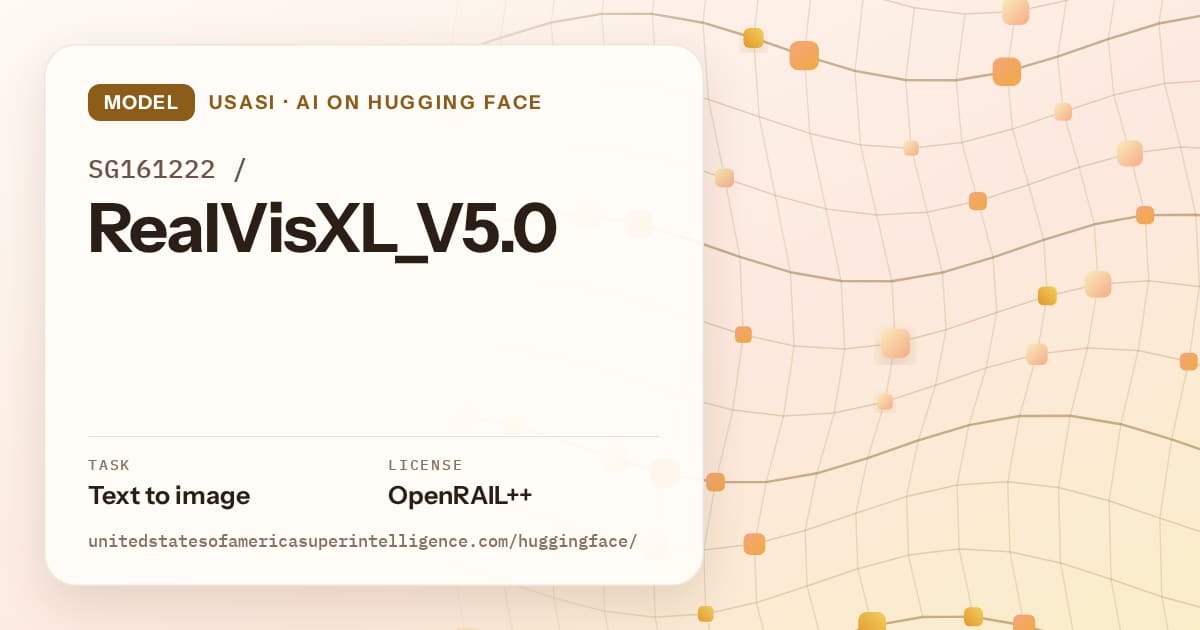 Generated amber wave-lattice artwork for the model SG161222/RealVisXL_V5.0, labeled USASI · AI on Hugging Face, with Task: Text to image · License: OpenRAIL++.