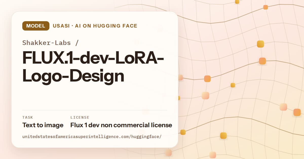 Generated amber wave-lattice artwork for the model Shakker-Labs/FLUX.1-dev-LoRA-Logo-Design, labeled USASI · AI on Hugging Face, with Task: Text to image · License: Flux 1 dev non commercial license.