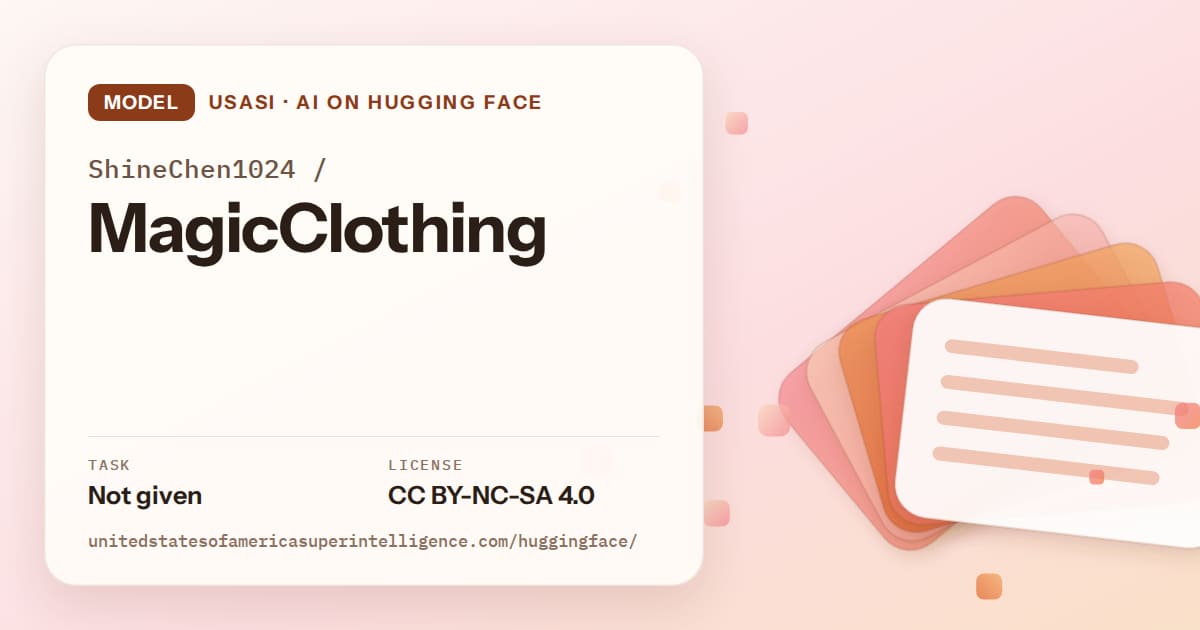 Generated tangerine layered-card artwork for the model ShineChen1024/MagicClothing, labeled USASI · AI on Hugging Face, with Task: Not given · License: CC BY-NC-SA 4.0.