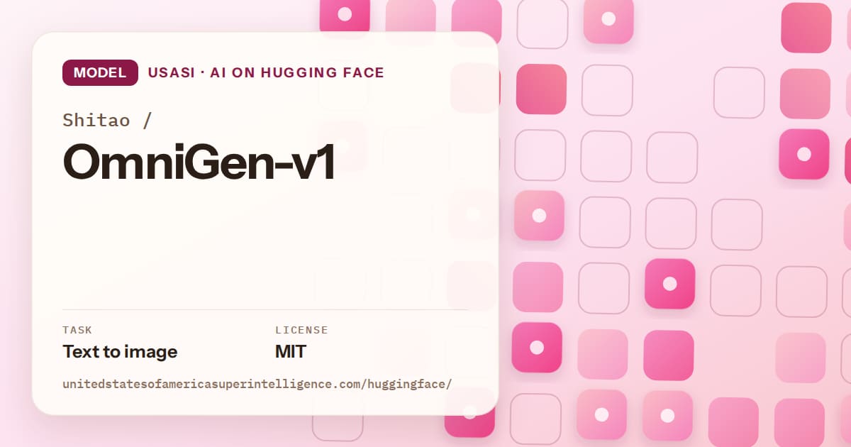 Generated rose rounded-tile grid artwork for the model Shitao/OmniGen-v1, labeled USASI · AI on Hugging Face, with Task: Text to image · License: MIT.
