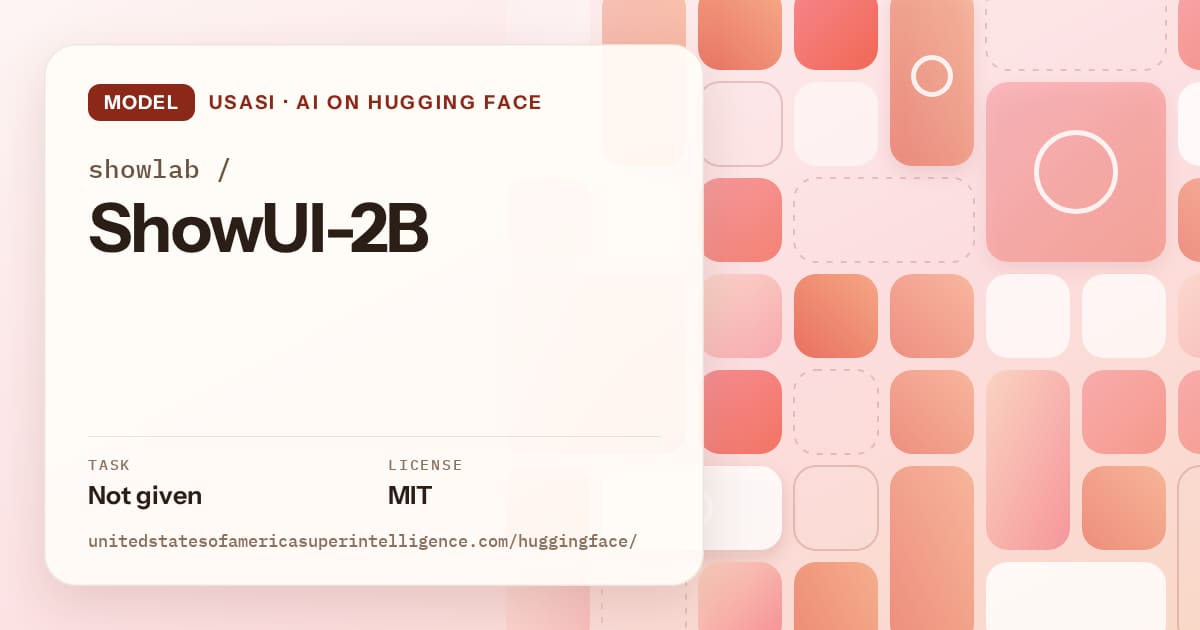 Generated coral tile-mosaic artwork for the model showlab/ShowUI-2B, labeled USASI · AI on Hugging Face, with Task: Not given · License: MIT.