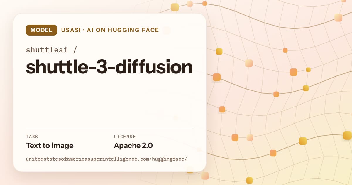 Generated amber wave-lattice artwork for the model shuttleai/shuttle-3-diffusion, labeled USASI · AI on Hugging Face, with Task: Text to image · License: Apache 2.0.