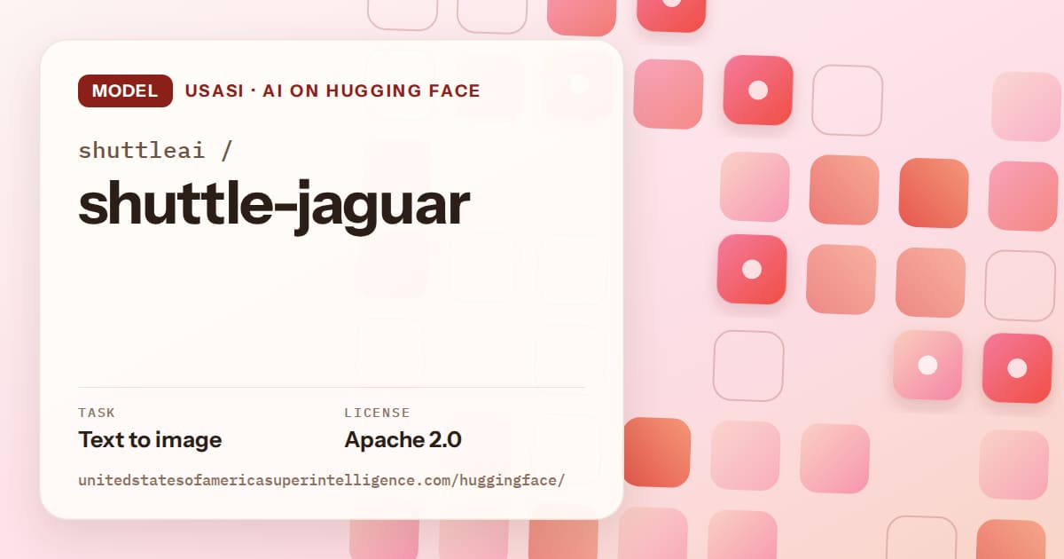 Generated coral rounded-tile grid artwork for the model shuttleai/shuttle-jaguar, labeled USASI · AI on Hugging Face, with Task: Text to image · License: Apache 2.0.