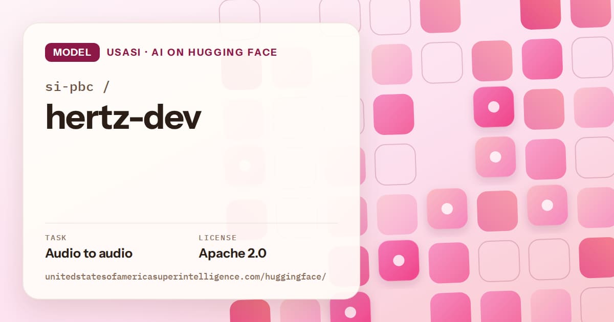 Generated rose rounded-tile grid artwork for the model si-pbc/hertz-dev, labeled USASI · AI on Hugging Face, with Task: Audio to audio · License: Apache 2.0.