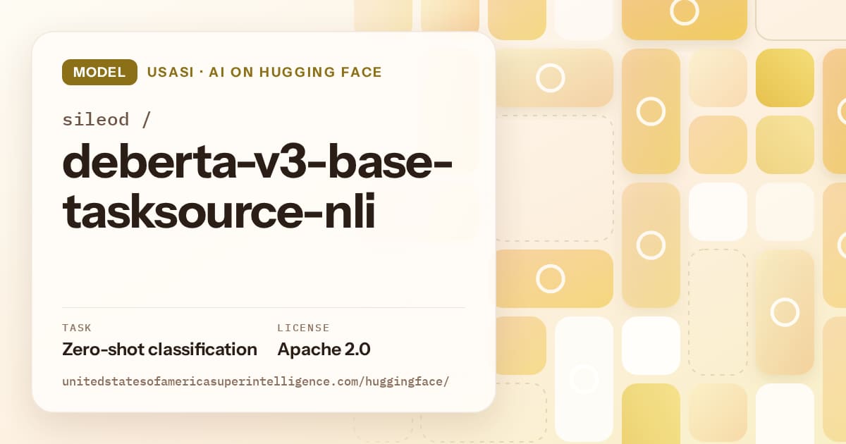 Generated gold tile-mosaic artwork for the model sileod/deberta-v3-base-tasksource-nli, labeled USASI · AI on Hugging Face, with Task: Zero-shot classification · License: Apache 2.0.